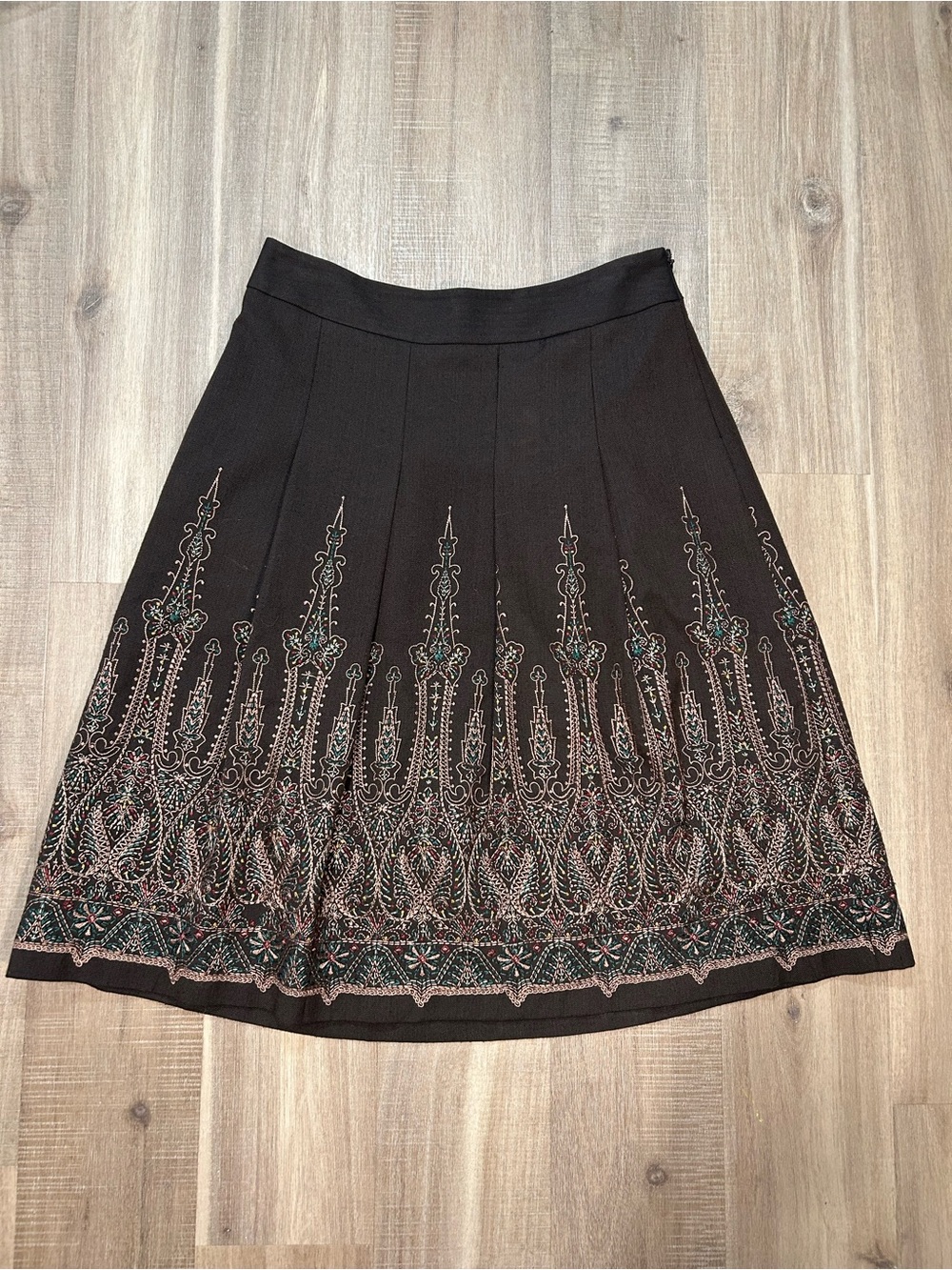 LOFT Dark Brown A-Line Skirt with Multicolor Embroidered Hem